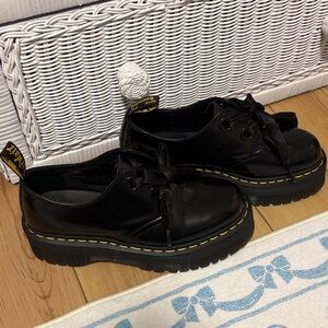 Dr. Martens Black Leather Flats with Yellow Stitching
